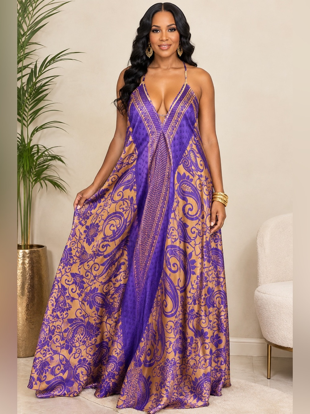 Made In India Silk blend Paisley Maxi Dress with Plunging Neckline